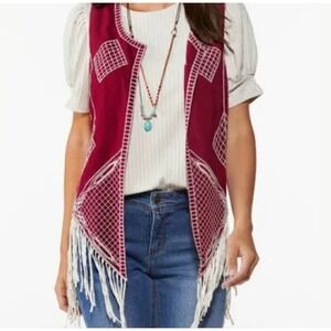Cato Womens XS Sleeveless Vest Burgundy Red Fringe Embroidered Boho‎ Festival